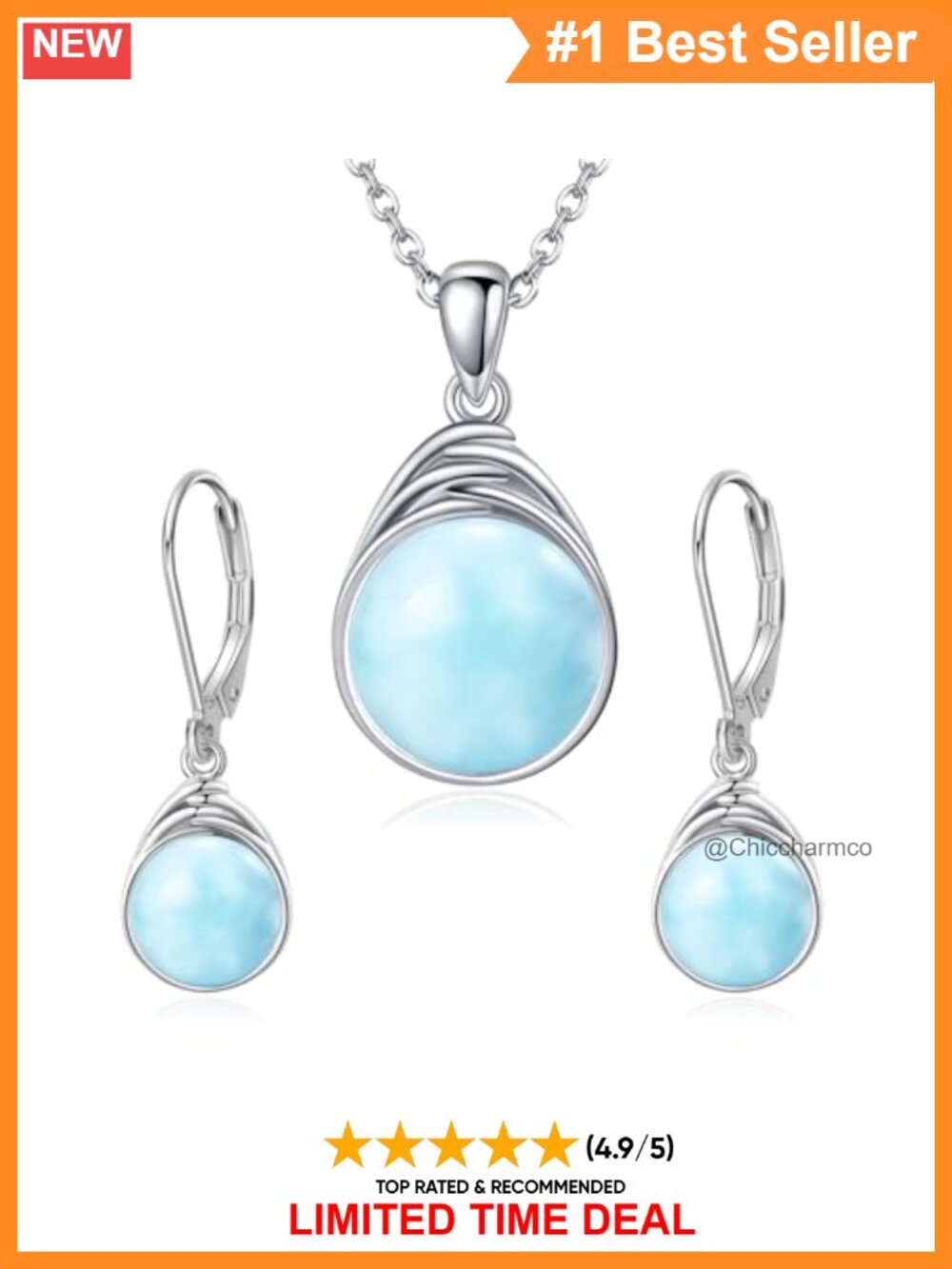 925 Sterling Silver Larimar Earrings Necklace Set Round Polished Jewelry Gift